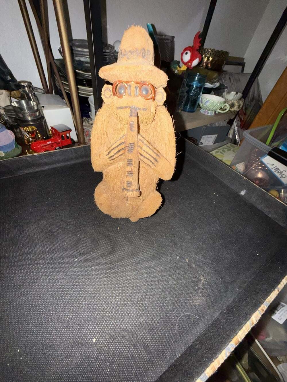 Vintage Hand Carved Coconut Monkey Souvenir with Glasses and Hat